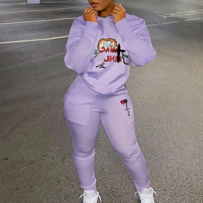 Print Turtleneck Long Sleeve Zipper Design Top & Pants Set