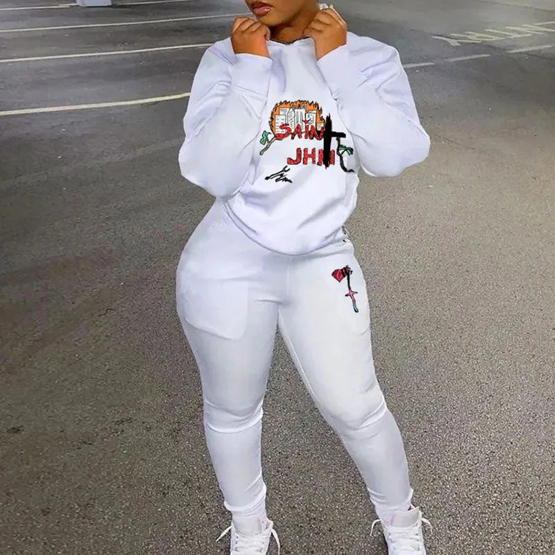 Print Turtleneck Long Sleeve Zipper Design Top & Pants Set