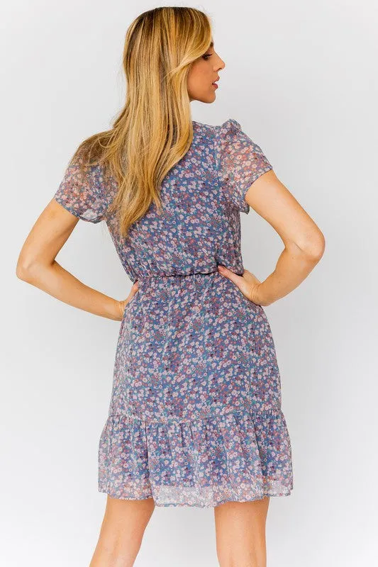 PUFF SLEEVE FAUX WRAP MINI DRESS WITH RUFFLE, Gilli