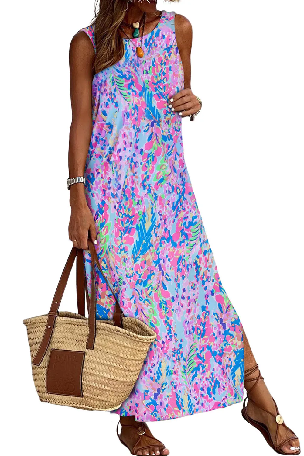 Purple Abstract Floral Print Sleeveless Maxi Dress