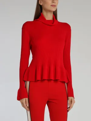 Red Cowl Neck Peplum Sweater Top