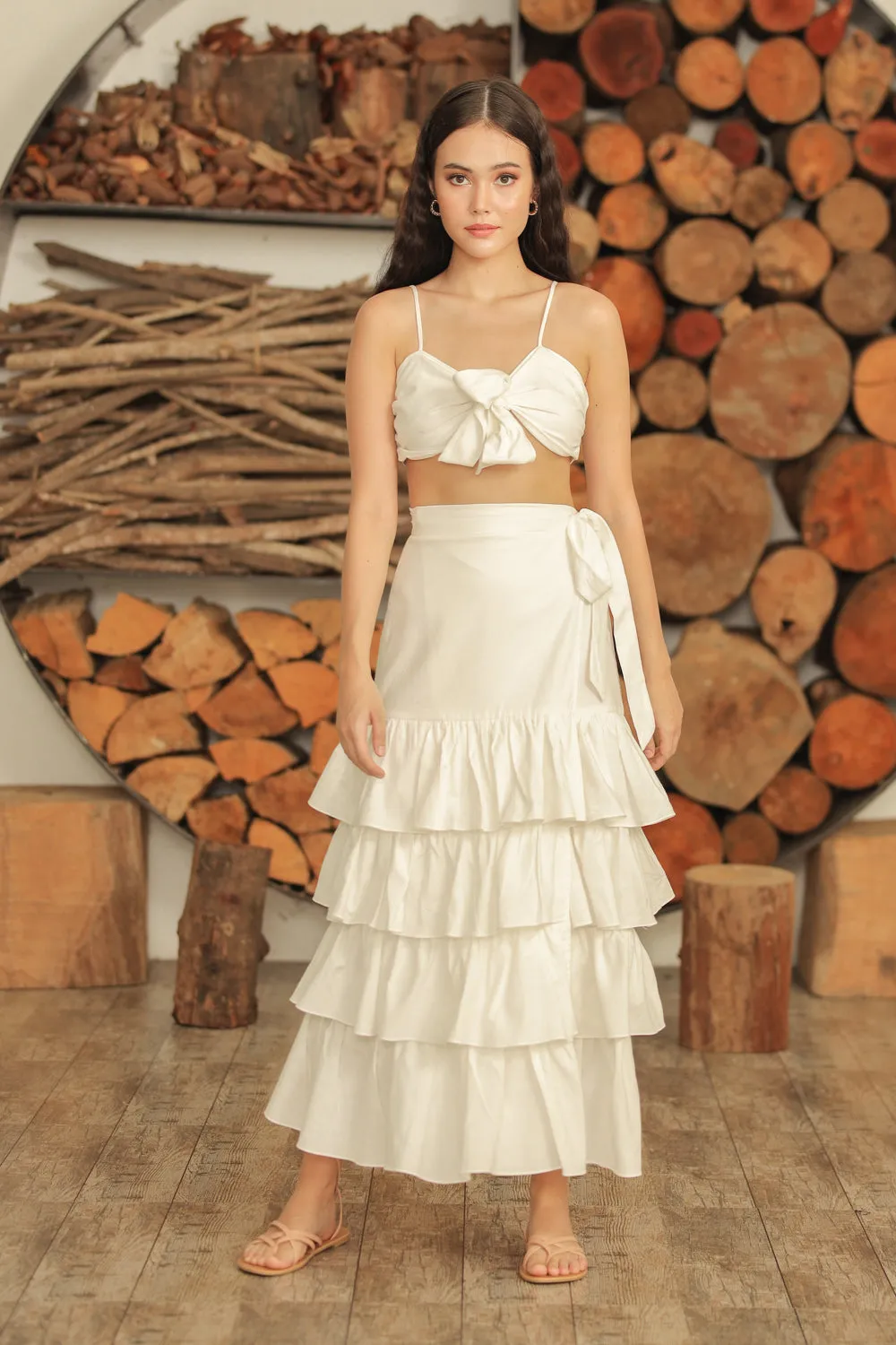 ROSALIE SET Wrap Tie Top with Wrap Around Ruffled Skirt (White Linen)