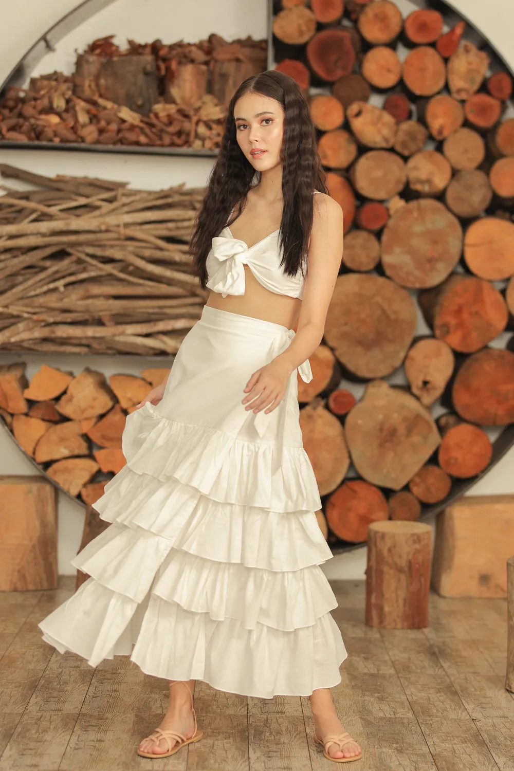 ROSALIE SET Wrap Tie Top with Wrap Around Ruffled Skirt (White Linen)