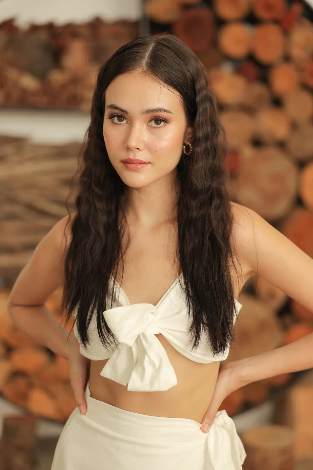 ROSALIE SET Wrap Tie Top with Wrap Around Ruffled Skirt (White Linen)