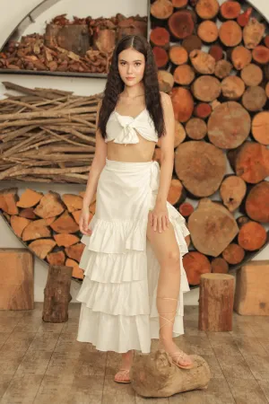 ROSALIE SET Wrap Tie Top with Wrap Around Ruffled Skirt (White Linen)