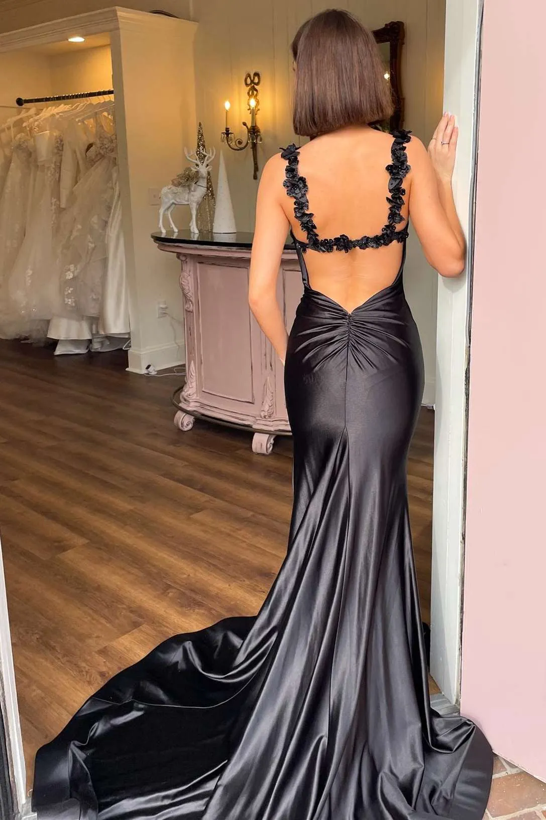 Roycebridal Hana | Black Straps Floral Mermaid Long Prom Dress
