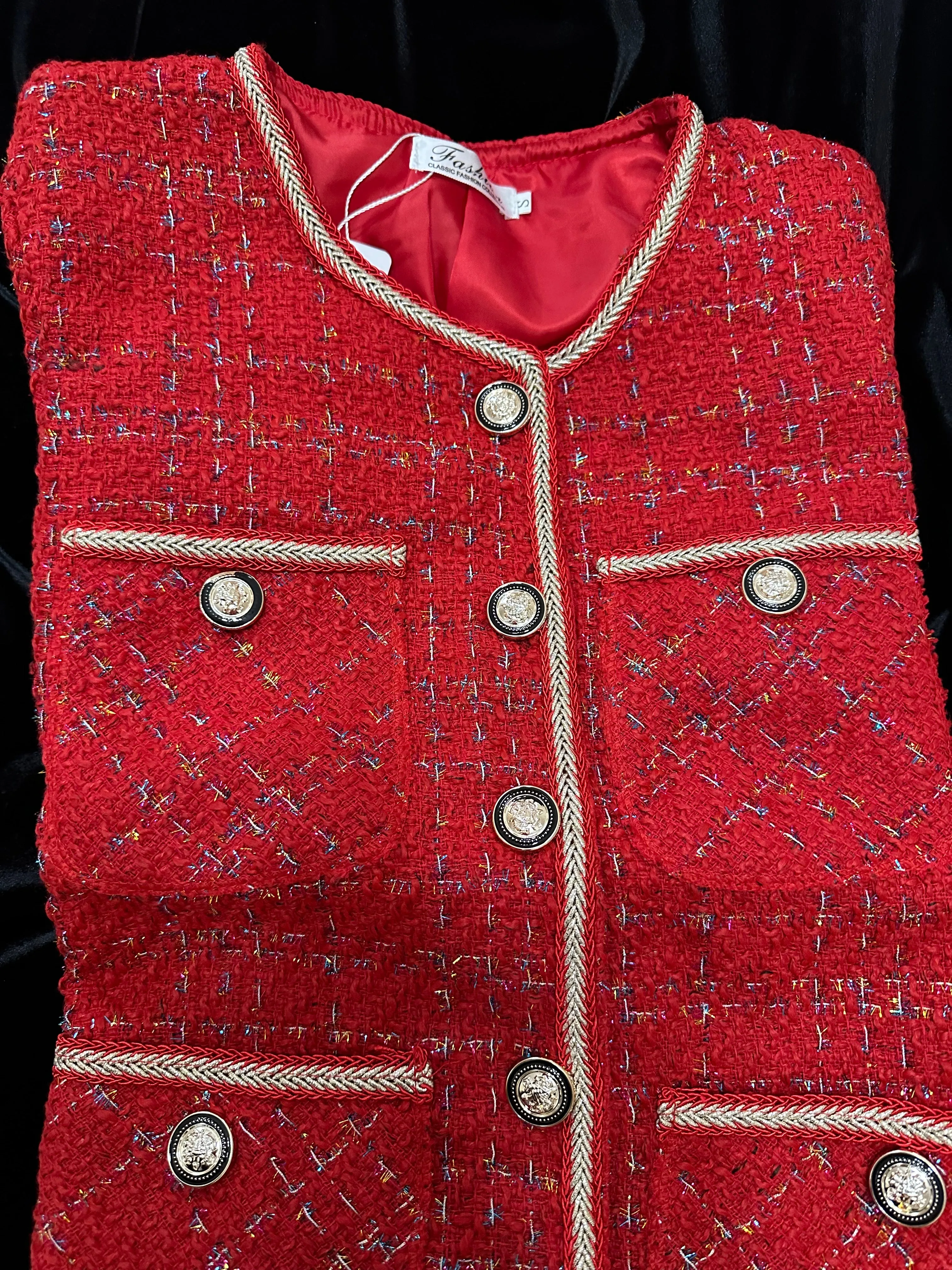 Scarlet Red Tweed Blazers Women New Autumn Winter Loose O-Neck Single-Breasted Suit Jacket