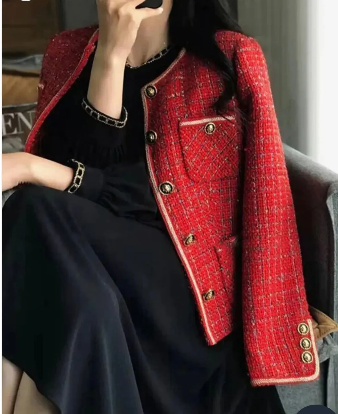Scarlet Red Tweed Blazers Women New Autumn Winter Loose O-Neck Single-Breasted Suit Jacket