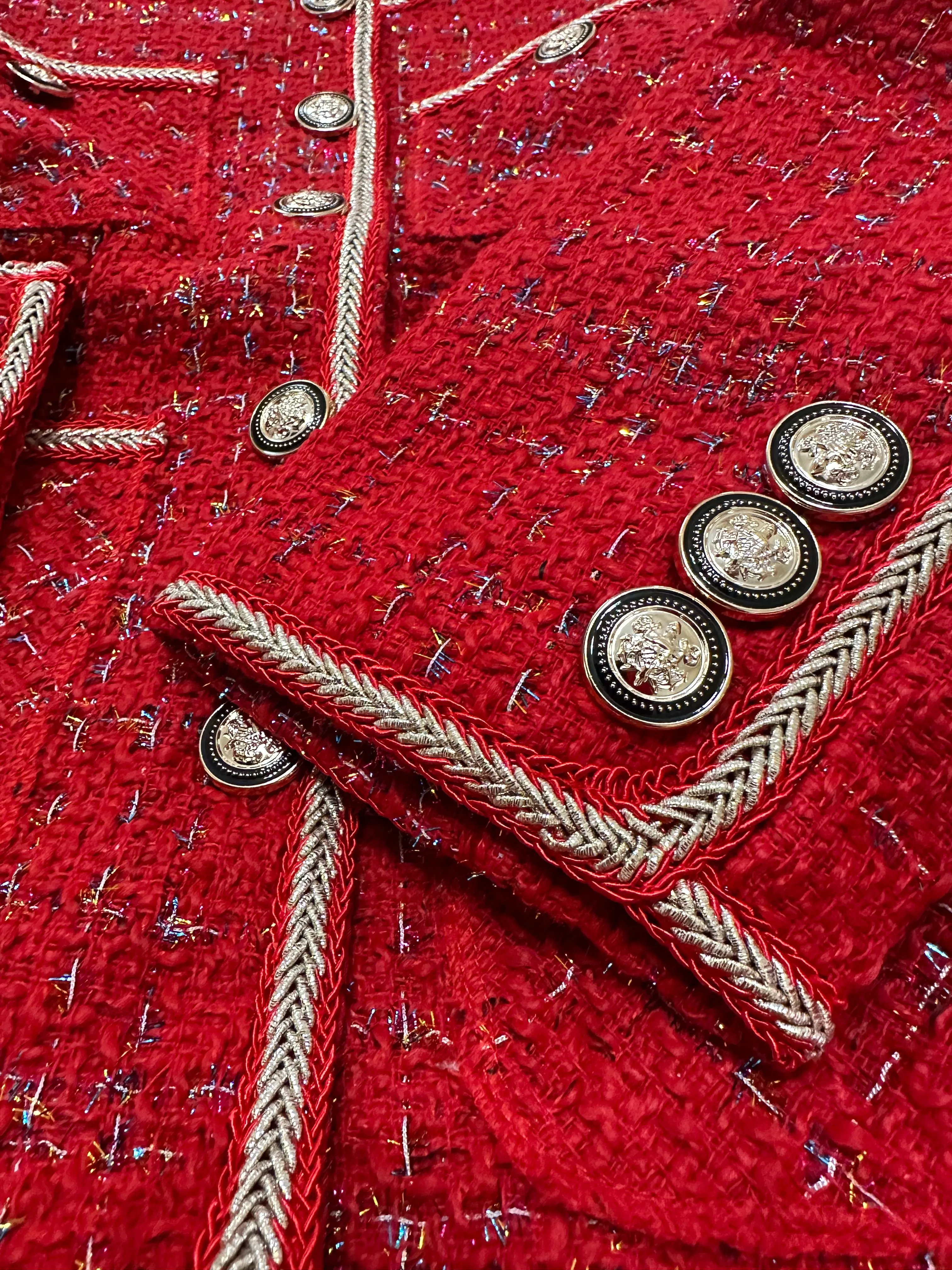 Scarlet Red Tweed Blazers Women New Autumn Winter Loose O-Neck Single-Breasted Suit Jacket