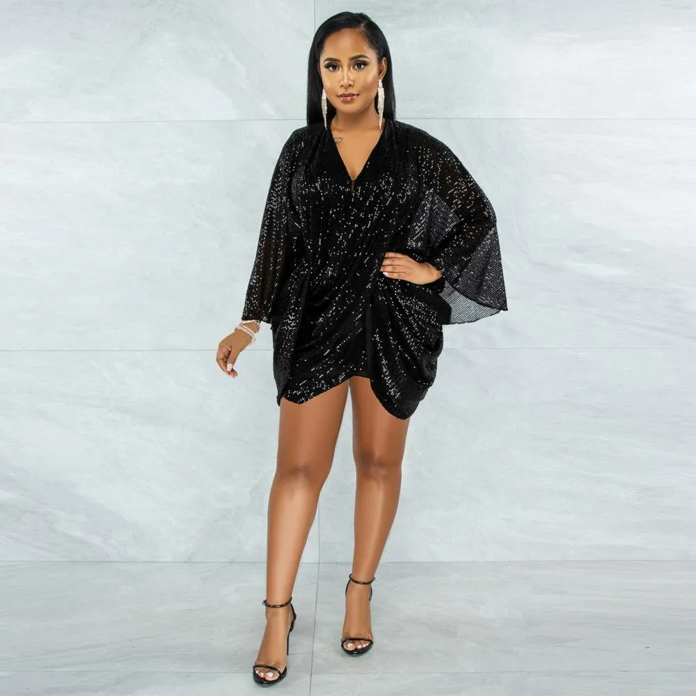 Sequin Bat Sleeves Wrap Backless Birthday Prom Mini Dresses