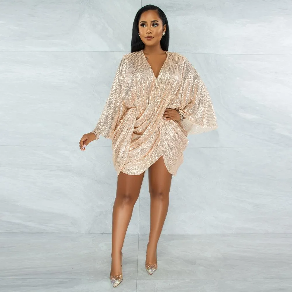 Sequin Bat Sleeves Wrap Backless Birthday Prom Mini Dresses