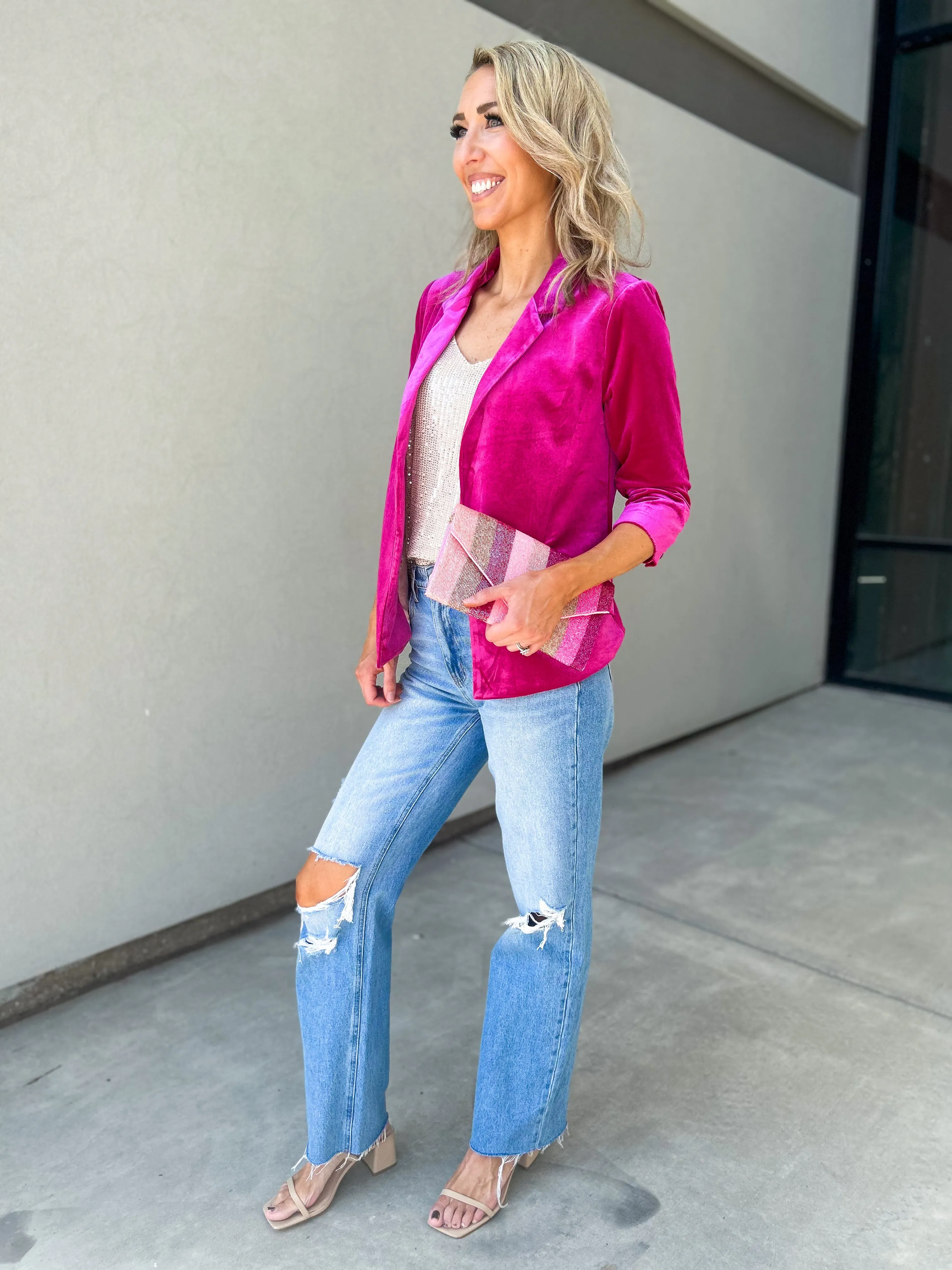 She Knows It Velvet Rouched Sleeve Blazer (Magenta)