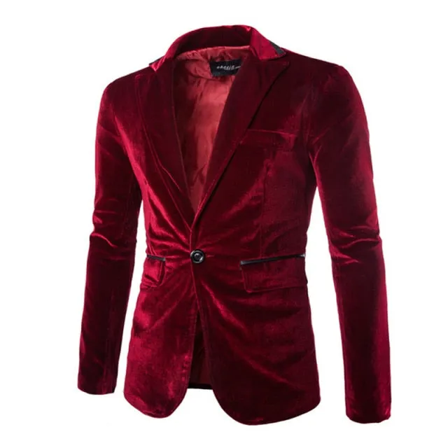 Shiny One Button Men Velvet Blazer