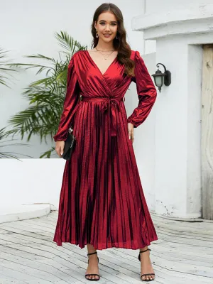Shiny Pleated Maxi Dress with Long Sleeves and Wrap Design