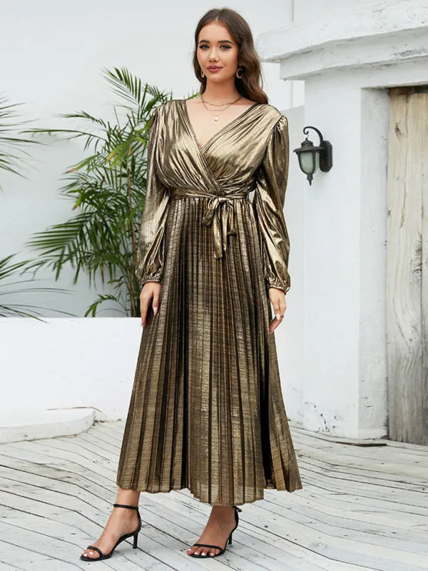 Shiny Pleated Maxi Dress with Long Sleeves and Wrap Design