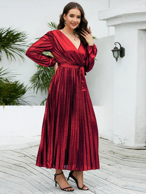 Shiny Pleated Maxi Dress with Long Sleeves and Wrap Design