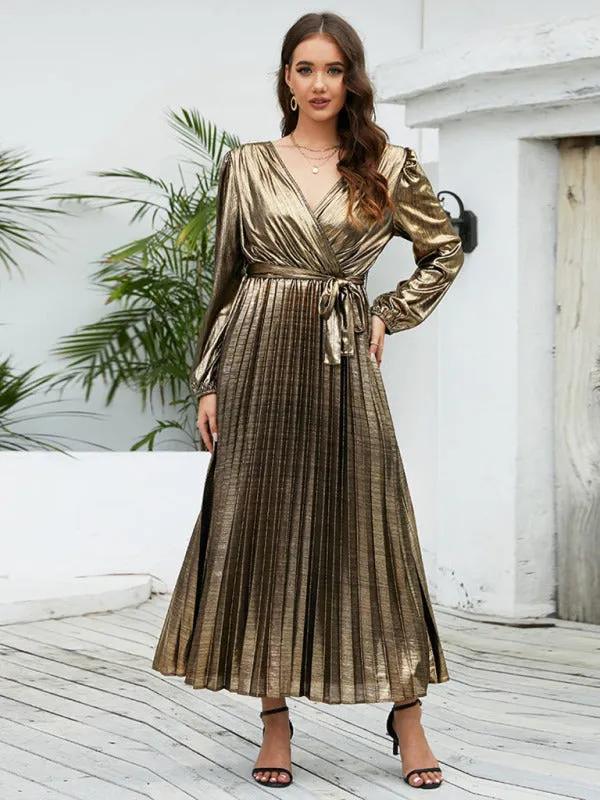 Shiny Pleated Maxi Dress with Long Sleeves and Wrap Design
