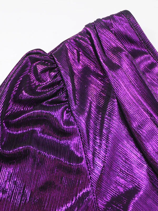 Shiny Pleated Maxi Dress with Long Sleeves and Wrap Design