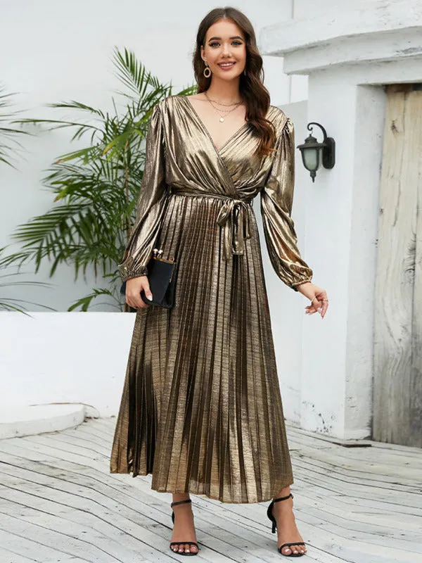 Shiny Pleated Maxi Dress with Long Sleeves and Wrap Design