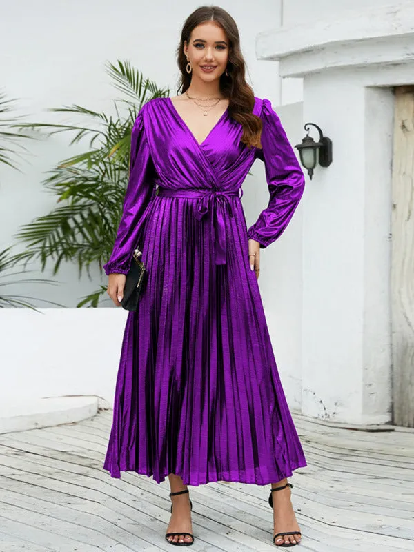 Shiny Pleated Maxi Dress with Long Sleeves and Wrap Design