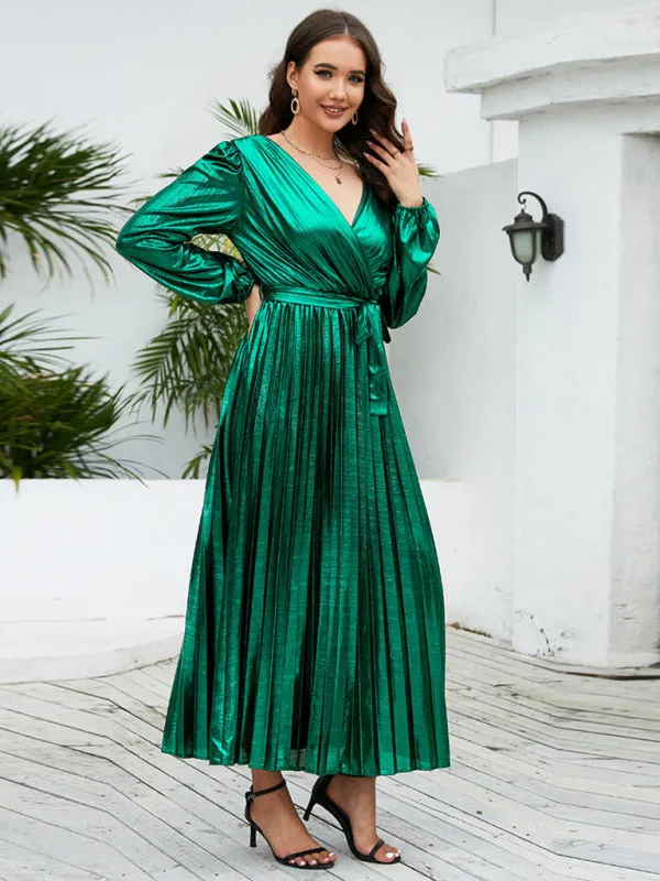 Shiny Pleated Maxi Dress with Long Sleeves and Wrap Design