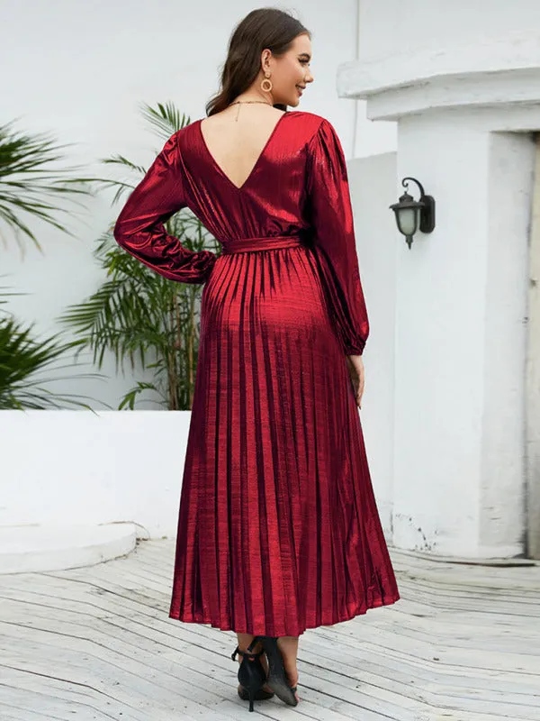 Shiny Pleated Maxi Dress with Long Sleeves and Wrap Design