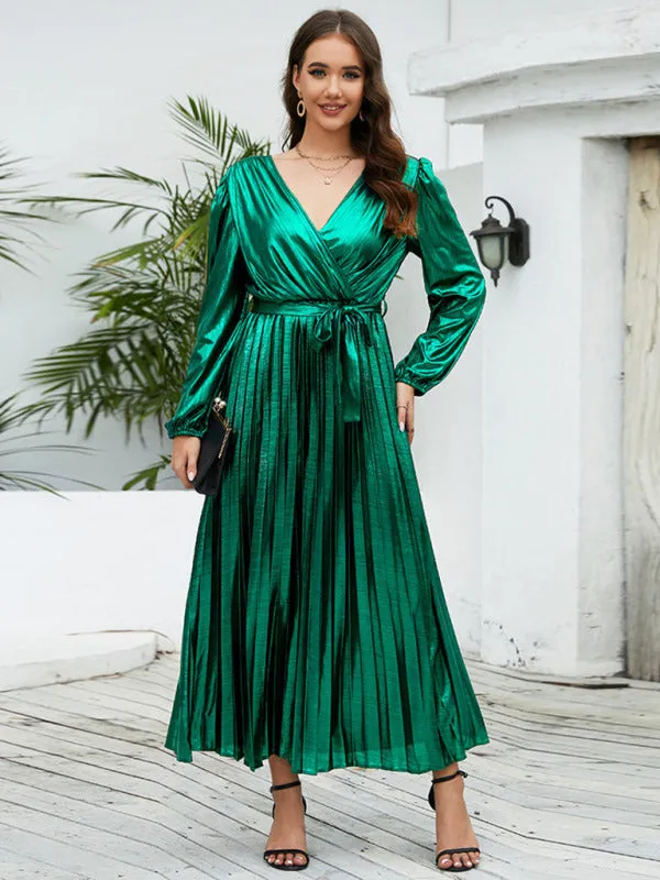 Shiny Pleated Maxi Dress with Long Sleeves and Wrap Design