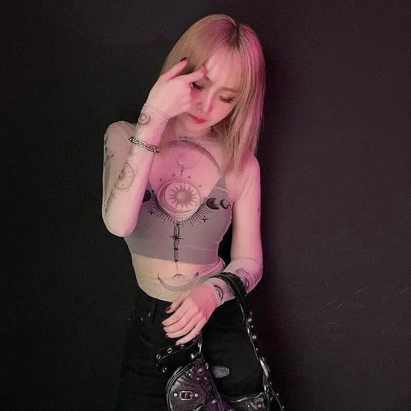 Slim-Fit Mesh Top with Zodiac Aesthetic Print for Celestial Style