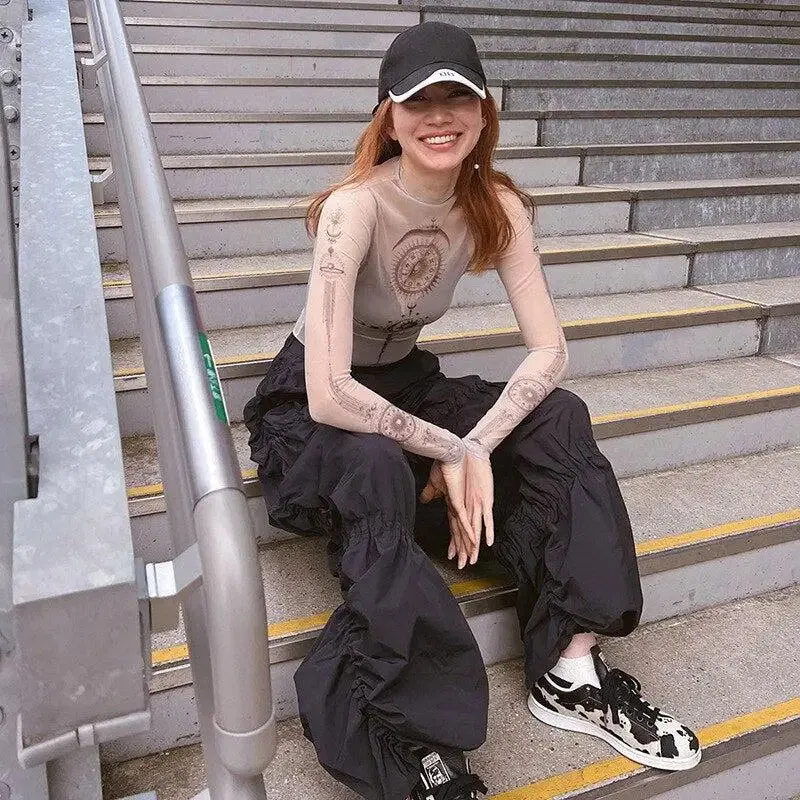 Slim-Fit Mesh Top with Zodiac Aesthetic Print for Celestial Style