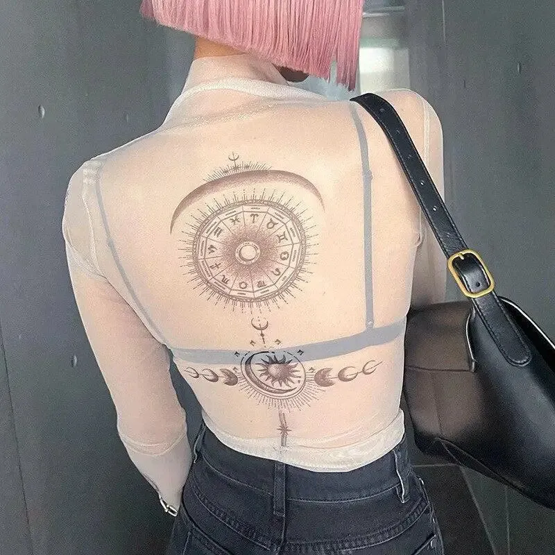 Slim-Fit Mesh Top with Zodiac Aesthetic Print for Celestial Style