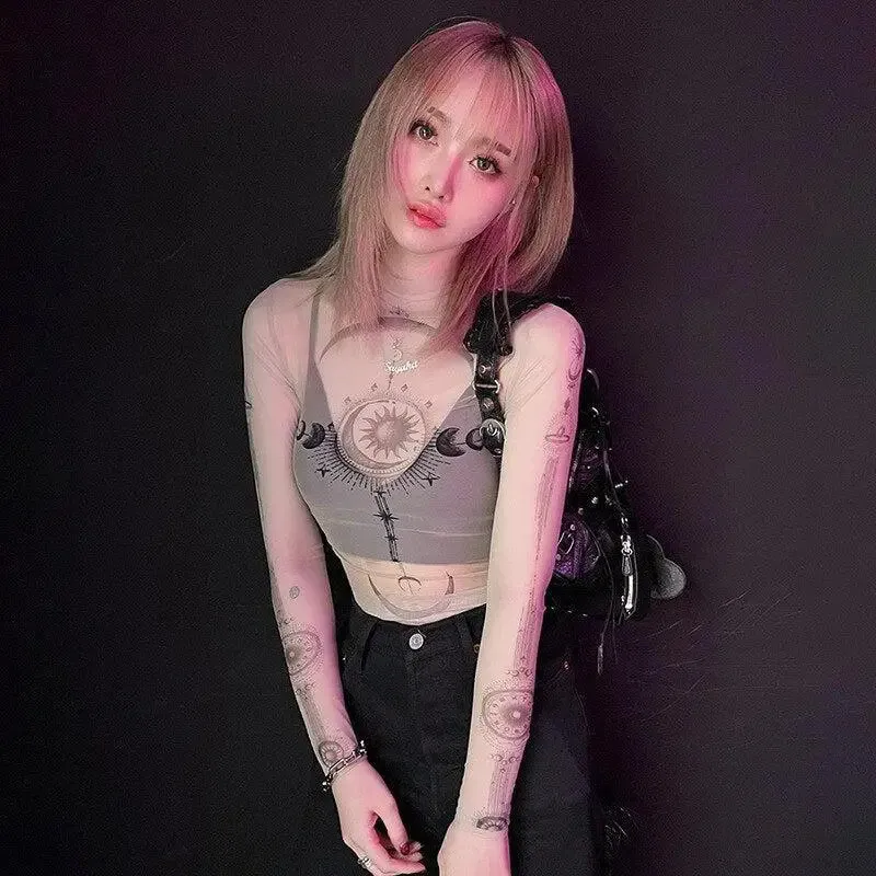 Slim-Fit Mesh Top with Zodiac Aesthetic Print for Celestial Style