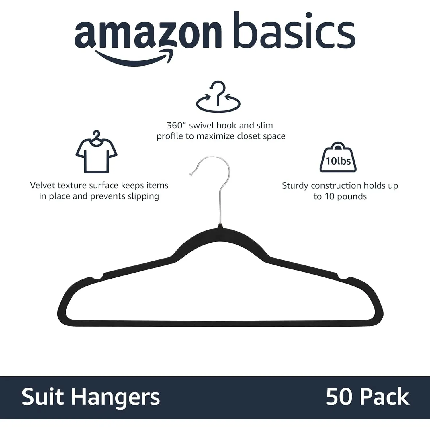 Slim, Velvet, Non-Slip Suit Clothes Hangers, Black/Silver - Pack of 50