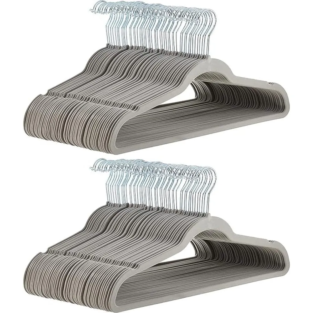 Slim, Velvet, Non-Slip Suit Clothes Hangers, Black/Silver - Pack of 50