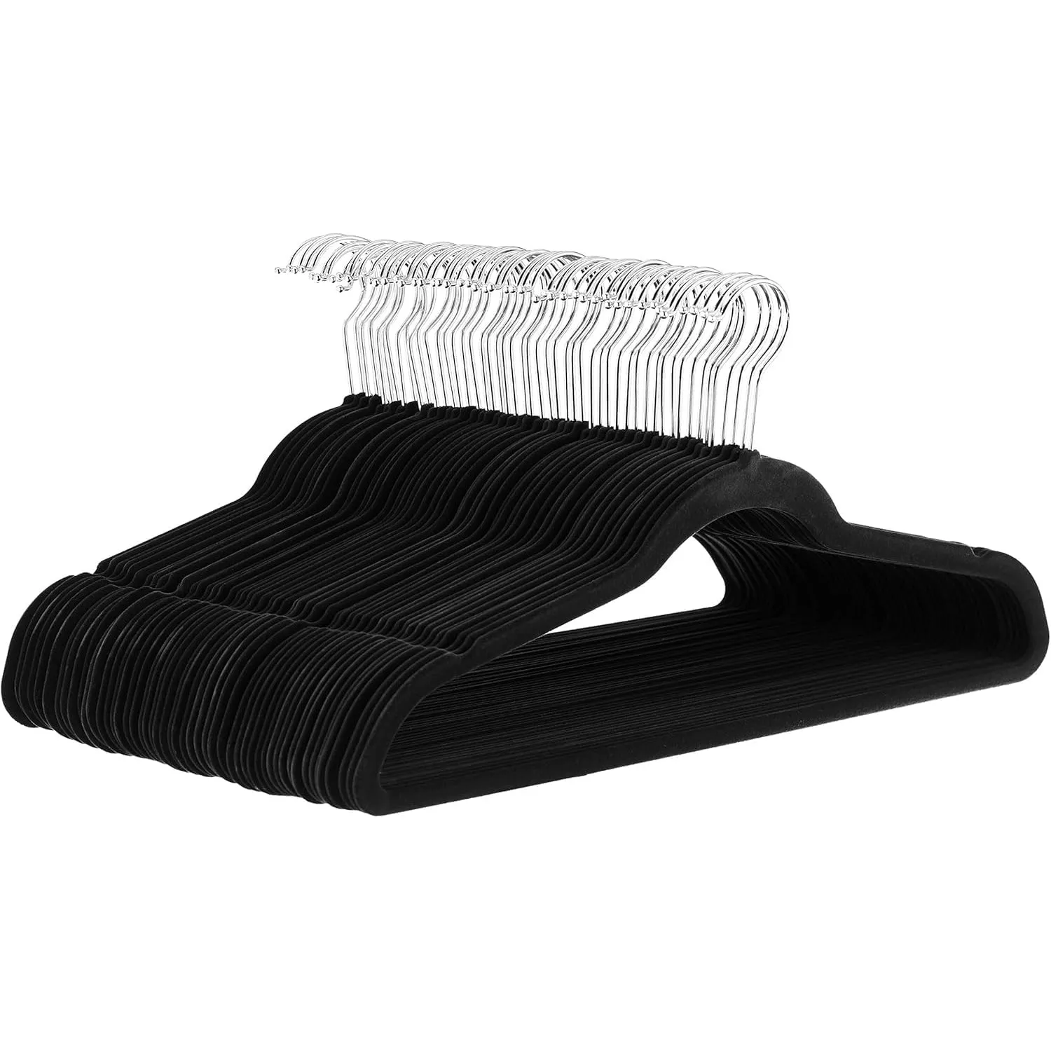 Slim, Velvet, Non-Slip Suit Clothes Hangers, Black/Silver - Pack of 50