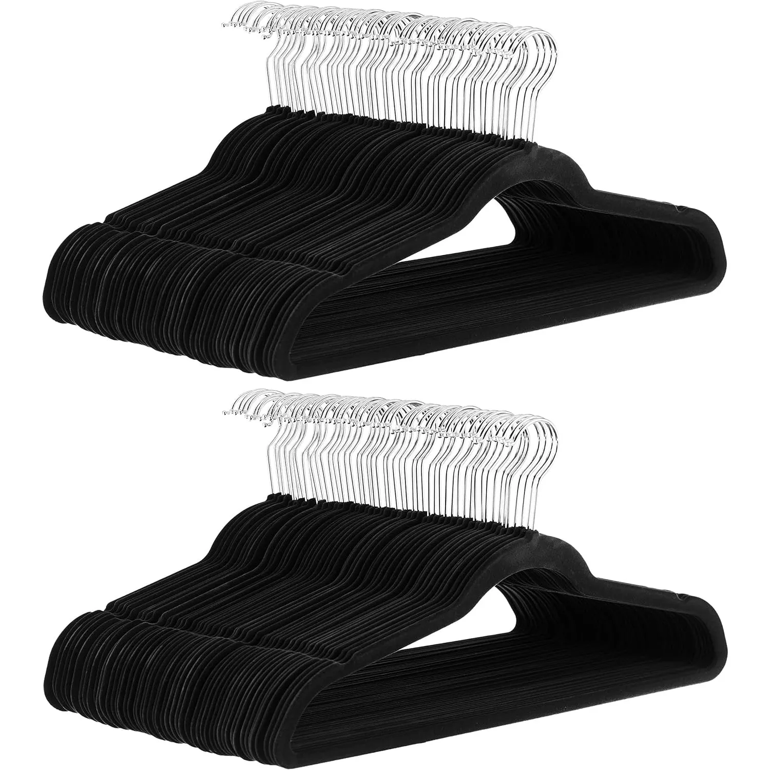 Slim, Velvet, Non-Slip Suit Clothes Hangers, Black/Silver - Pack of 50