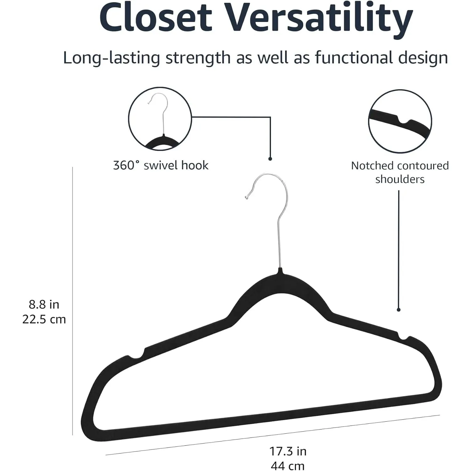 Slim, Velvet, Non-Slip Suit Clothes Hangers, Black/Silver - Pack of 50