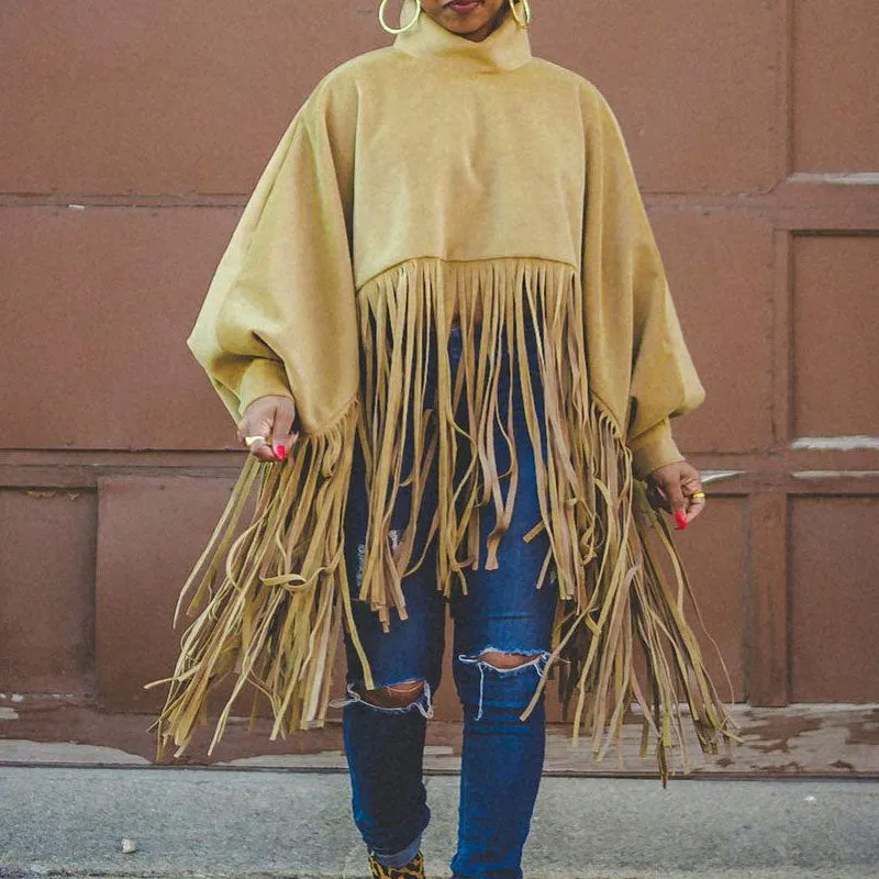 Solid Turtleneck Lantern Sleeve Tassel Design Plus Size Top