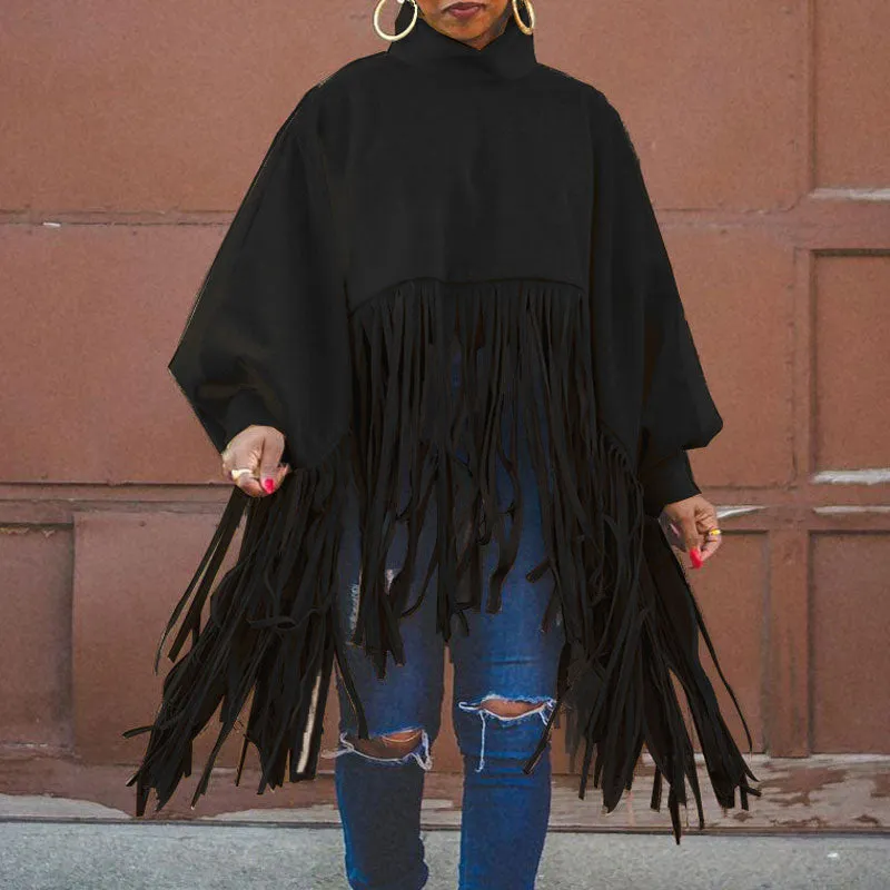 Solid Turtleneck Lantern Sleeve Tassel Design Plus Size Top