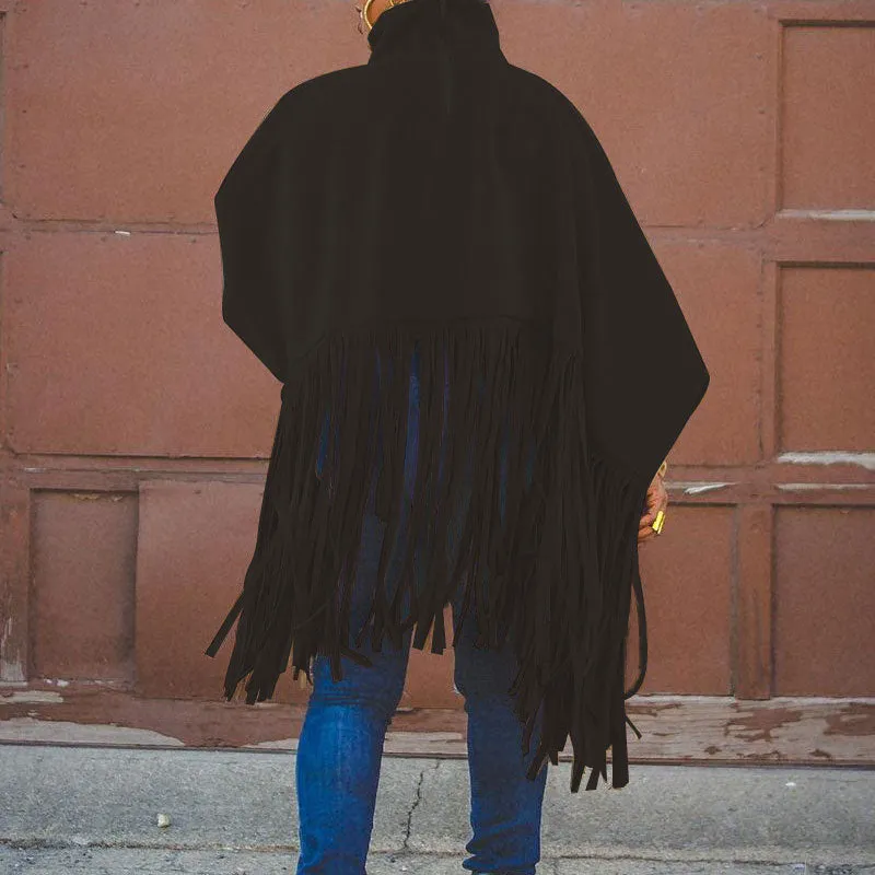 Solid Turtleneck Lantern Sleeve Tassel Design Plus Size Top