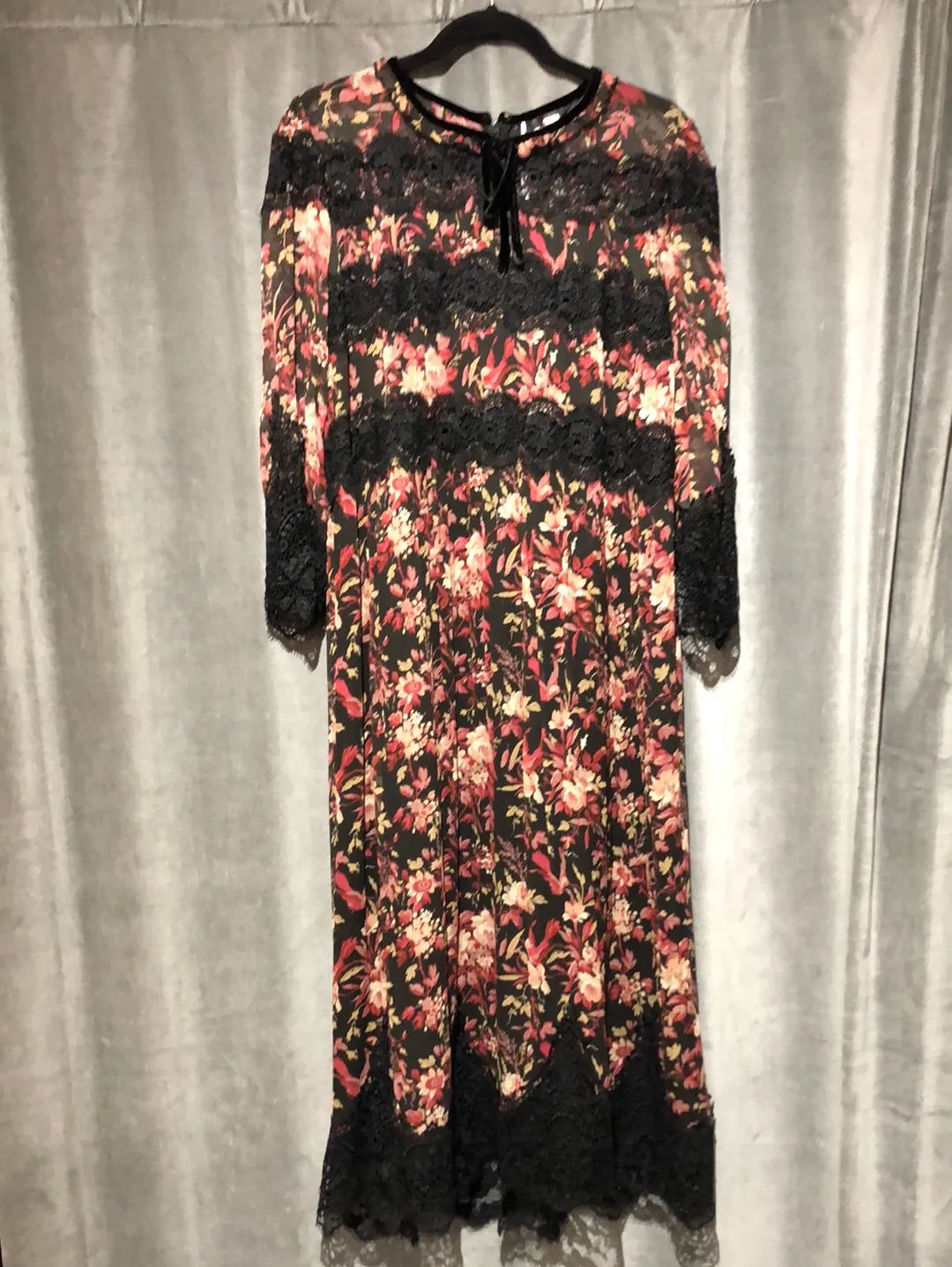 The Kooples Multicolor Floral Sheer and Lace Half Sleeve Midi Dress
