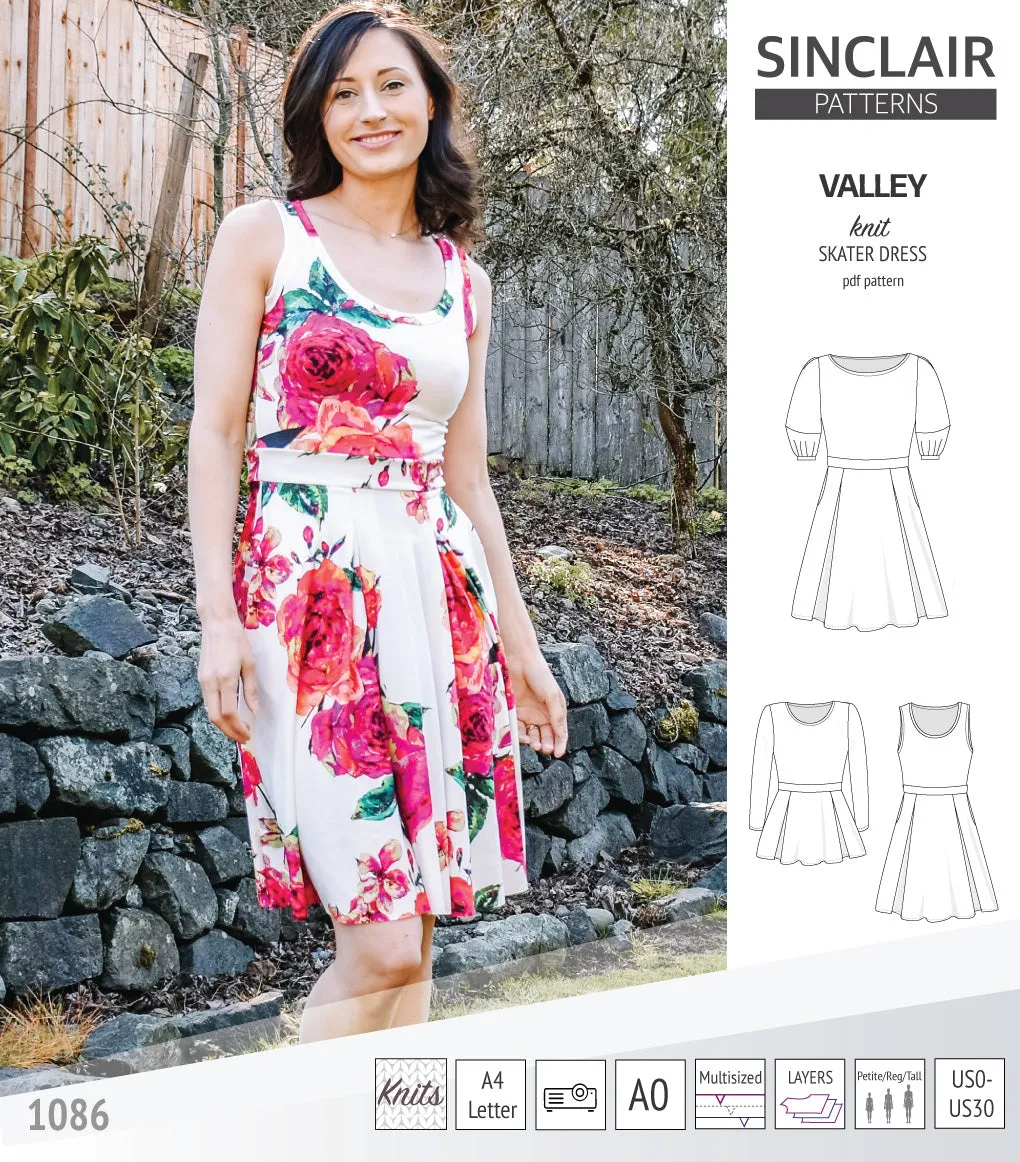 Valley knit skater dress with lantern sleeves and other options (PDF)
