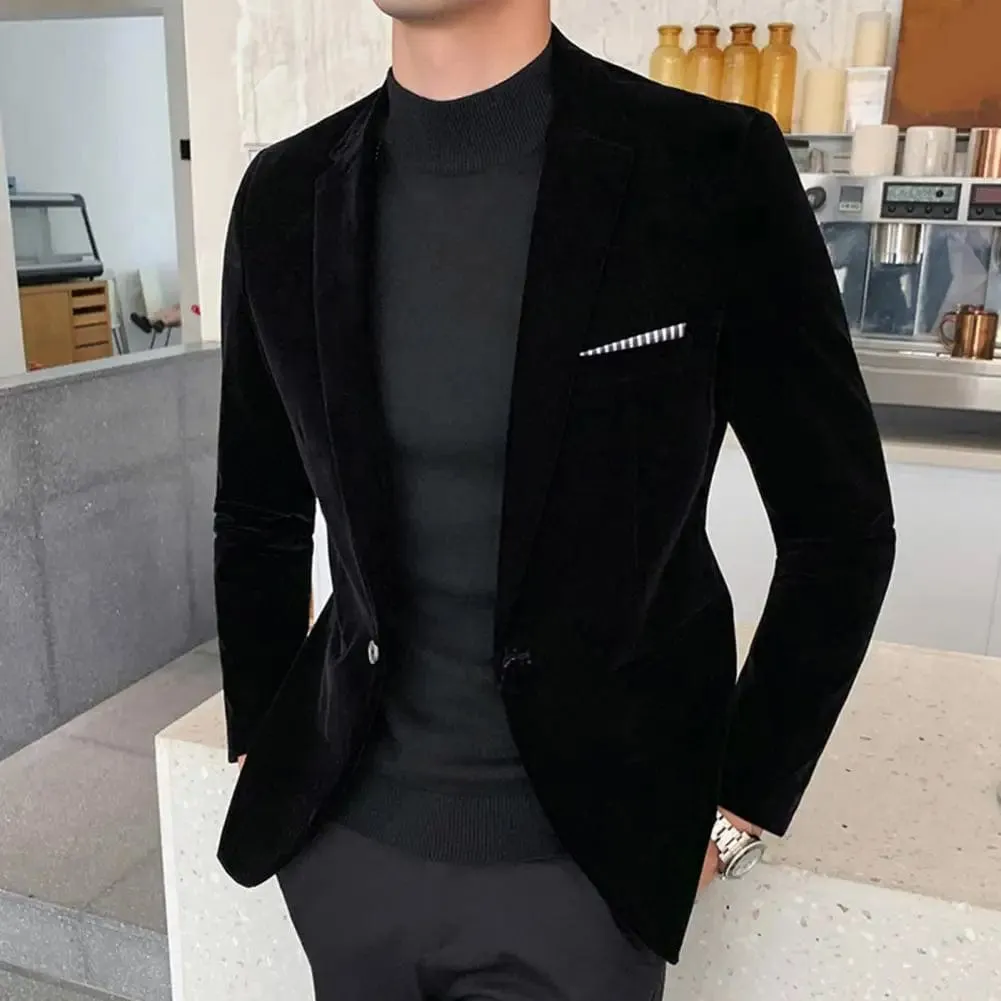 Velvet Men Blazer Temperament Turndown Collar Single Button Slim Fit Men Suit Coat Elegant Velvet Lining Male Formal Suit Jacket