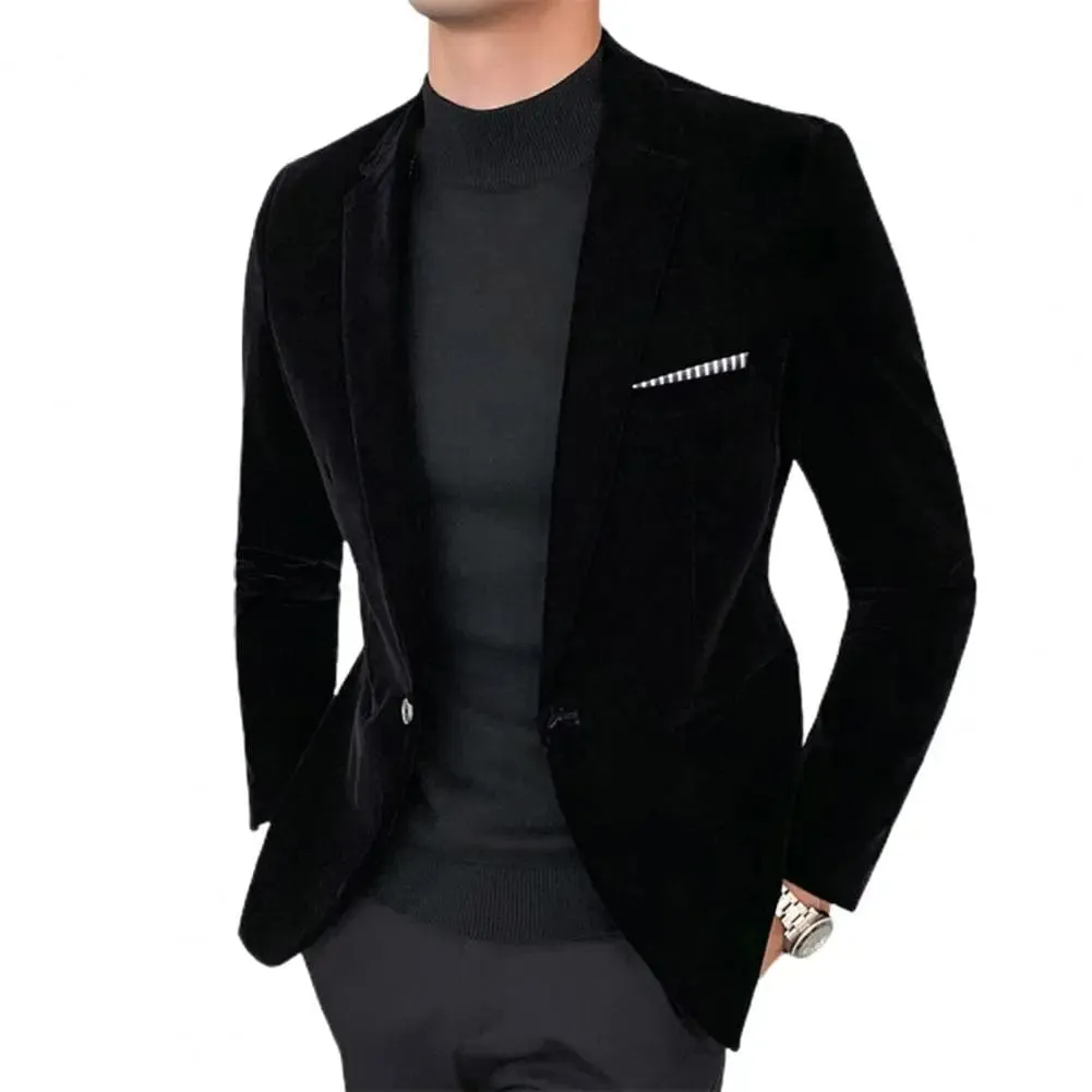 Velvet Men Blazer Temperament Turndown Collar Single Button Slim Fit Men Suit Coat Elegant Velvet Lining Male Formal Suit Jacket