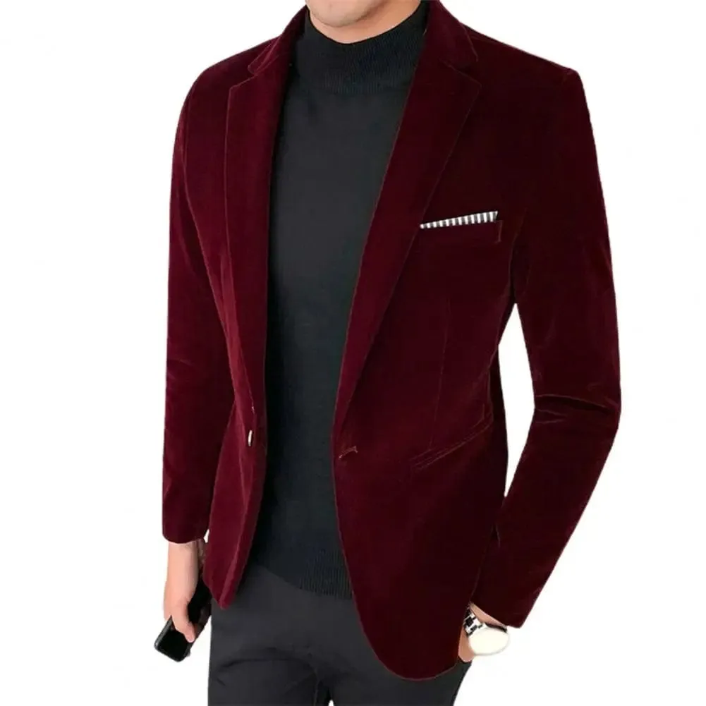 Velvet Men Blazer Temperament Turndown Collar Single Button Slim Fit Men Suit Coat Elegant Velvet Lining Male Formal Suit Jacket