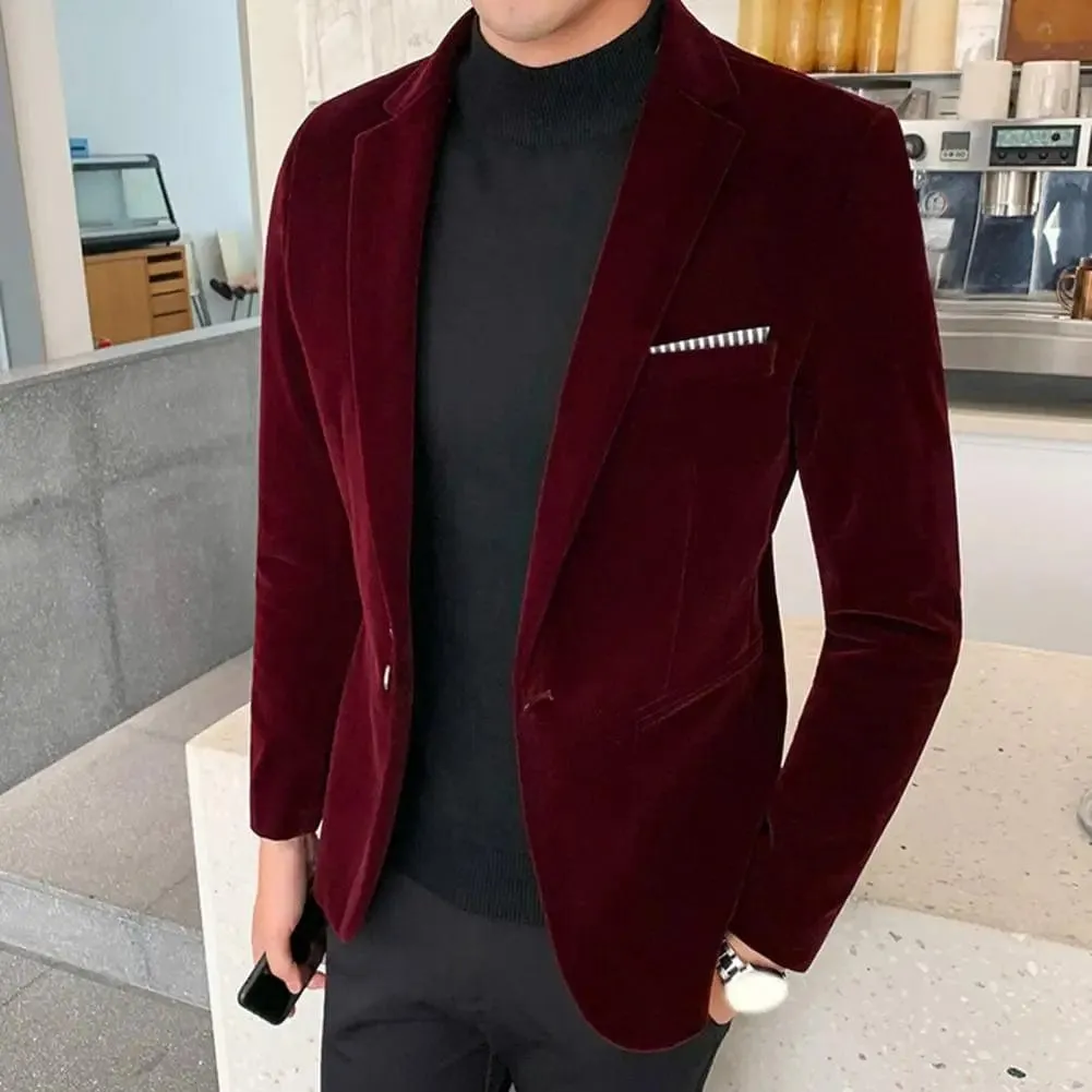 Velvet Men Blazer Temperament Turndown Collar Single Button Slim Fit Men Suit Coat Elegant Velvet Lining Male Formal Suit Jacket