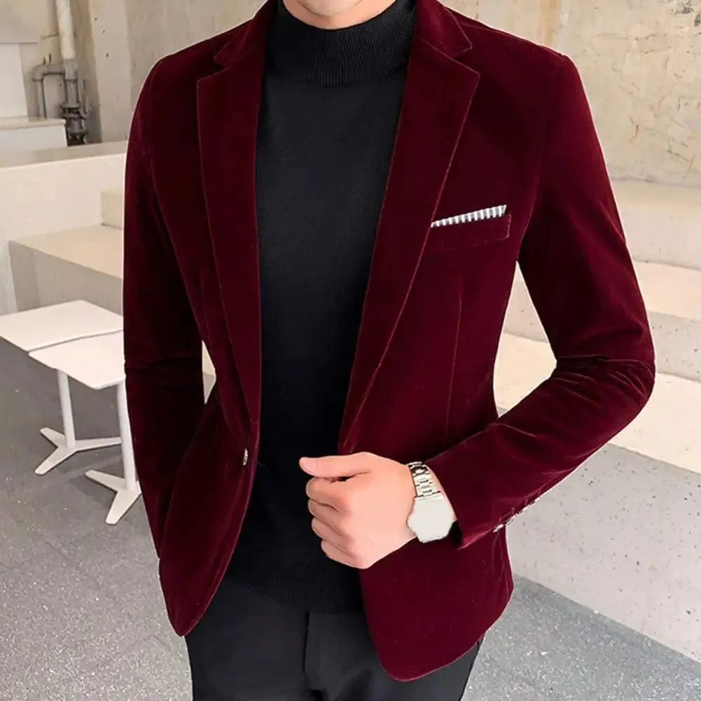 Velvet Men Blazer Temperament Turndown Collar Single Button Slim Fit Men Suit Coat Elegant Velvet Lining Male Formal Suit Jacket