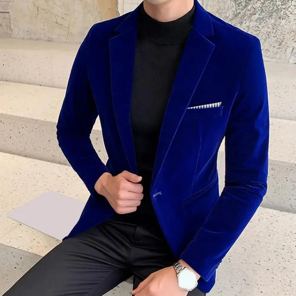 Velvet Men Blazer Temperament Turndown Collar Single Button Slim Fit Men Suit Coat Elegant Velvet Lining Male Formal Suit Jacket