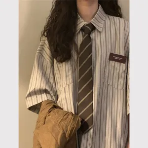 Vintage Striped Women with Tie Blouses Harajuku Oversized Loose Preppy Tops Japanese Summer Fashion Long Sleeve Shirts