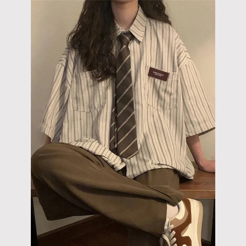 Vintage Striped Women with Tie Blouses Harajuku Oversized Loose Preppy Tops Japanese Summer Fashion Long Sleeve Shirts