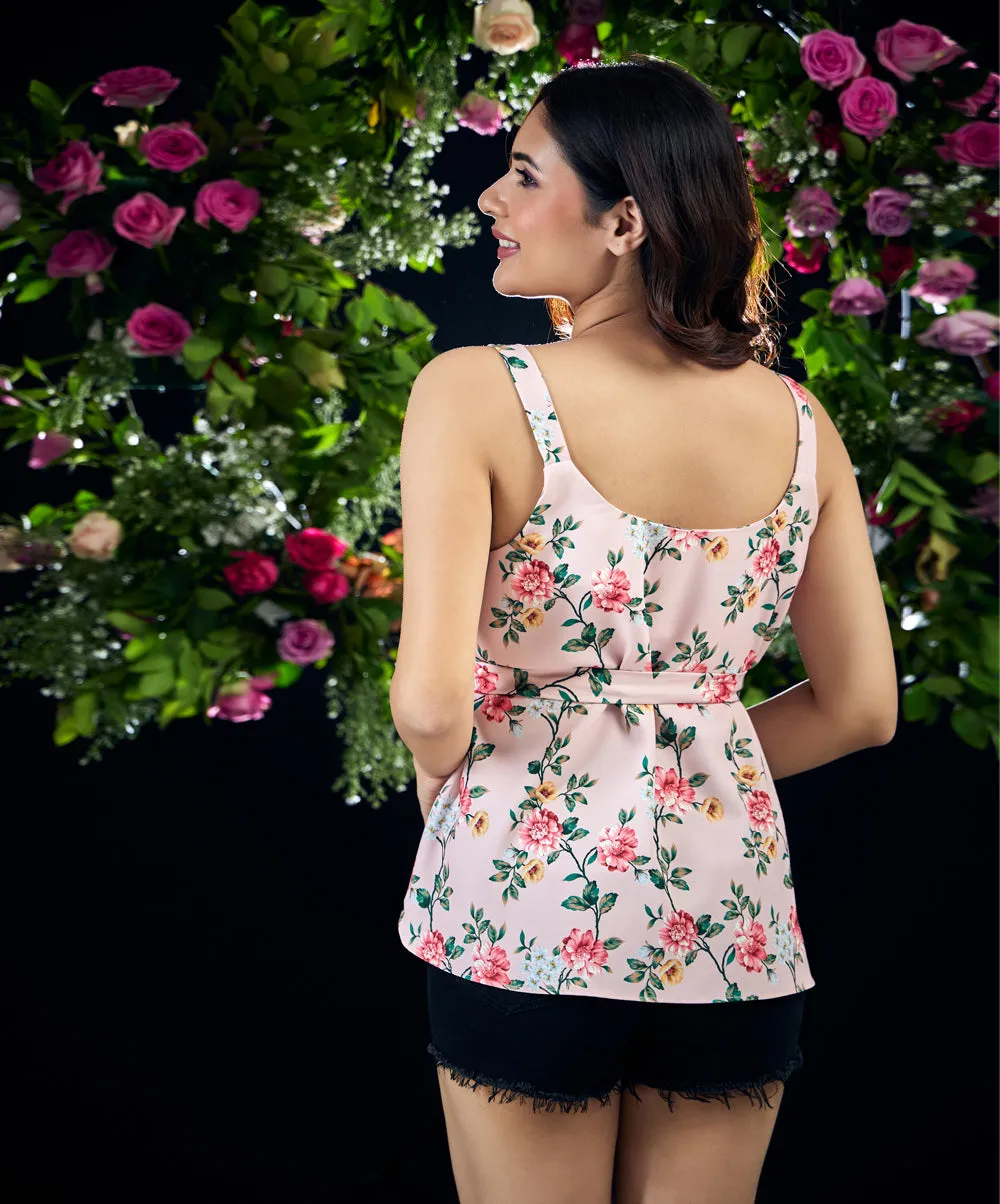 Waist Tie Chiffon Peplum Pink Top